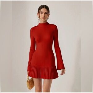 Commense Pleated Hem Mock Neck Mini Dress Red Small